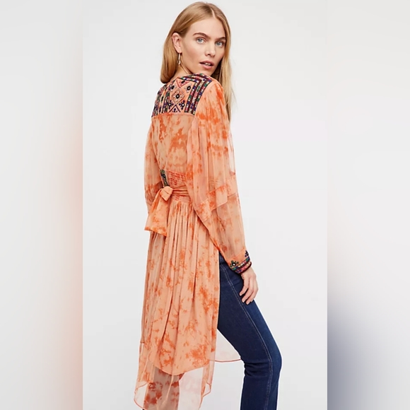 Free People Market Place Beaded Orange Sorbet Waist Tie Maxi Top XS Coral - Picture 4 of 16